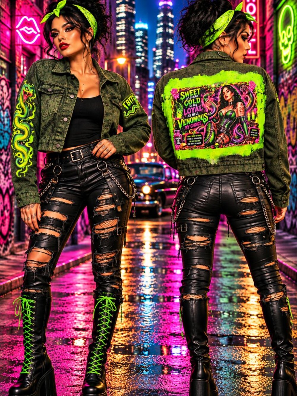Gothic, Cyberpunk, Riot Grrrl, Custom Painted Punk Denim, Mall Goth, and Vampire